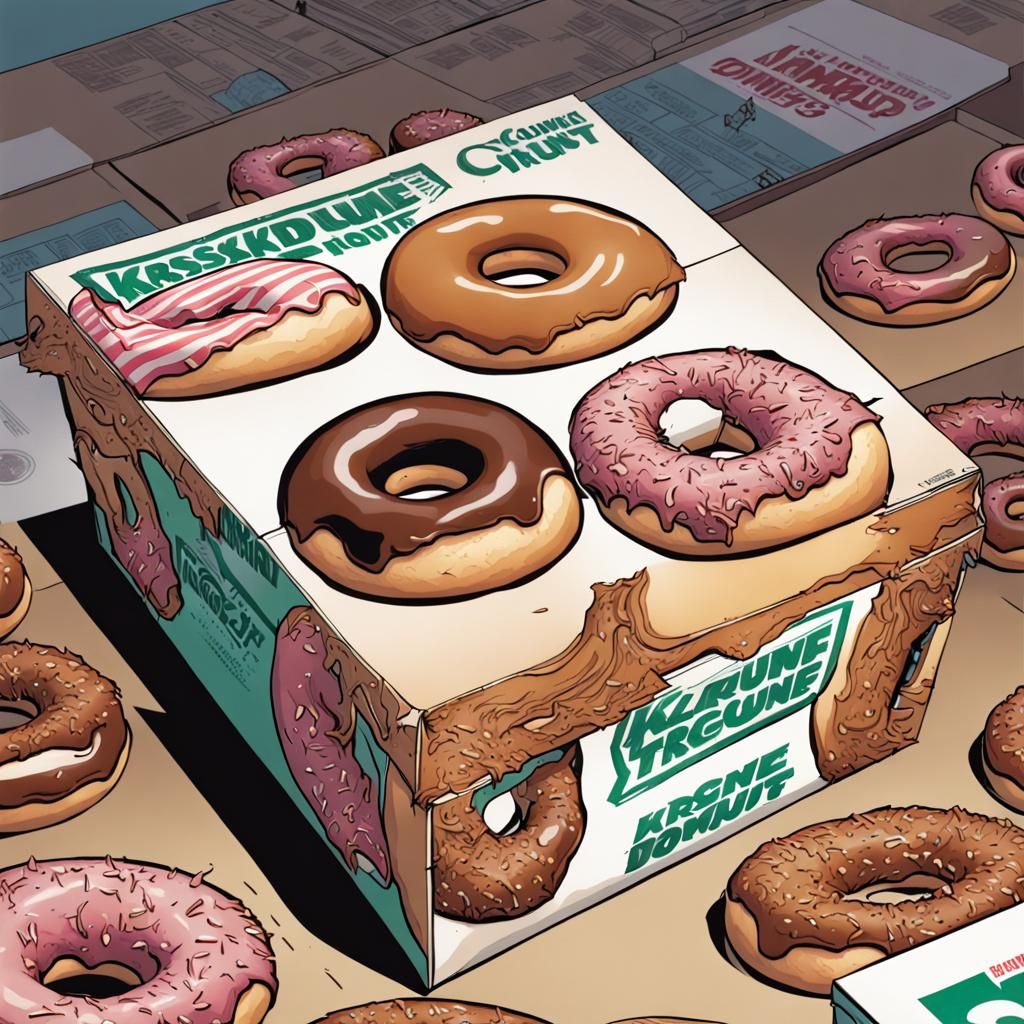 a Krispy Kreme donuts box with a half eaten glazed donut on top