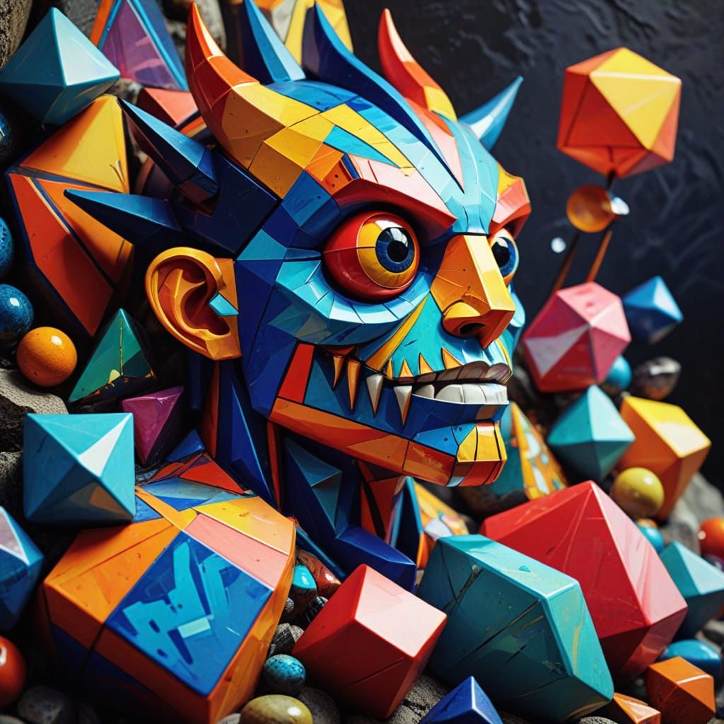 Geometric Fauvist Masterpiece: Whimsical Stone Monster