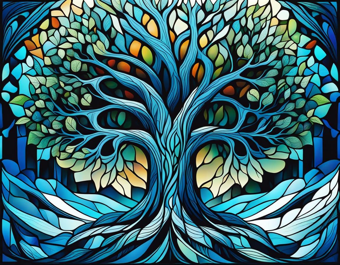 Tree on Ice Cube in Stained Glass Style