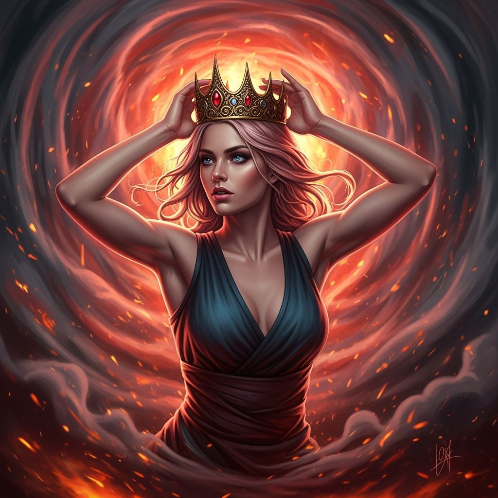 Strawberry Blonde Woman with Crown in Fiery Vortex