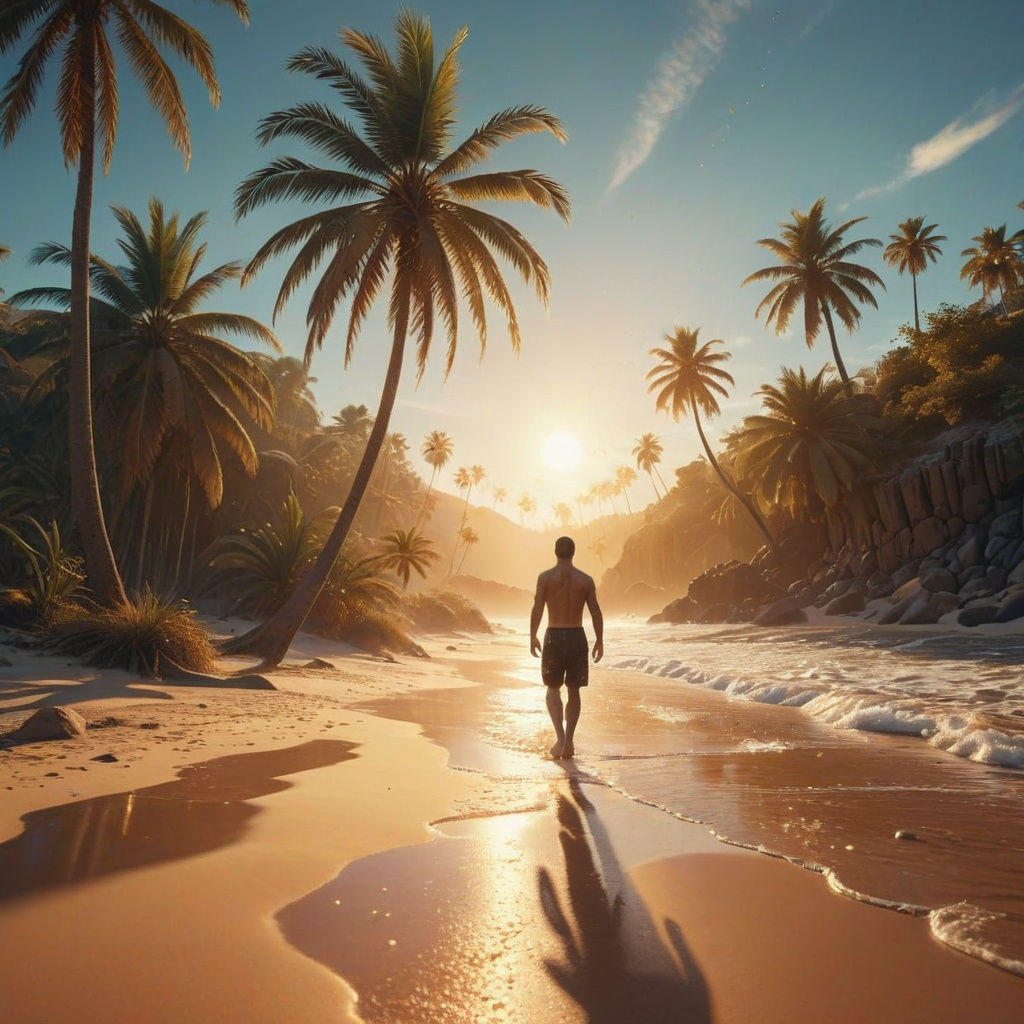 Crystalline Coastline With Palm Trees and Waves