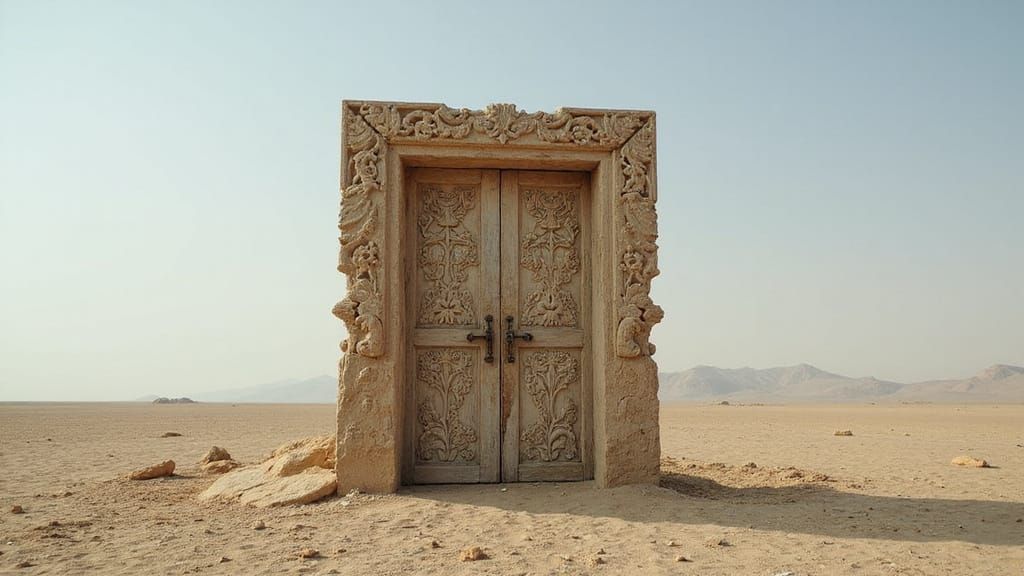 Rustic Door in Barren Desert, Dark Surrealism