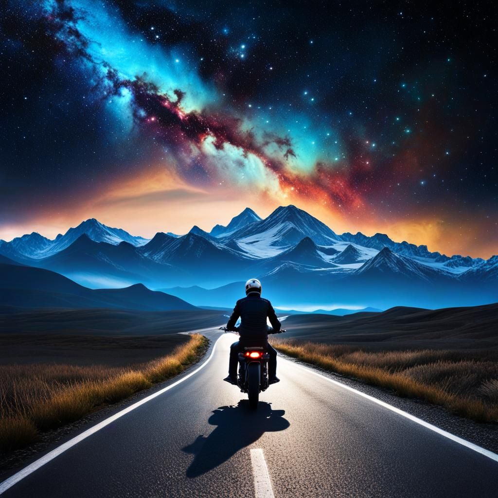 Cosmic Biker on Starry Road in Space