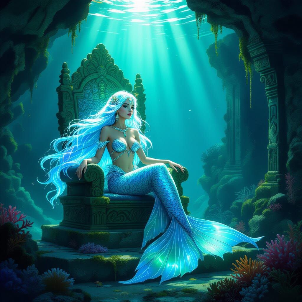 Mermaid on Coral Throne in Sunlit Grotto
