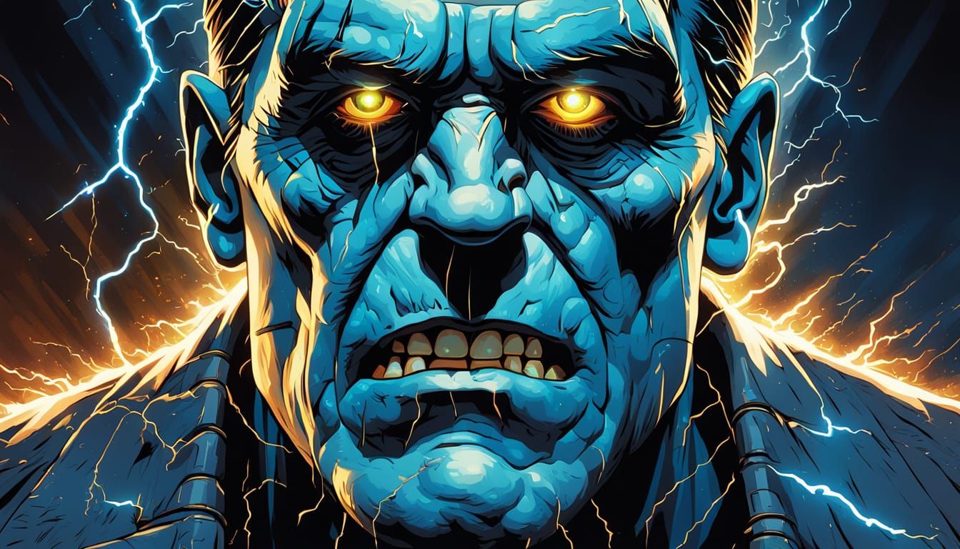 Frankenstein's Face in Prismatic Lightning: Digital Art
