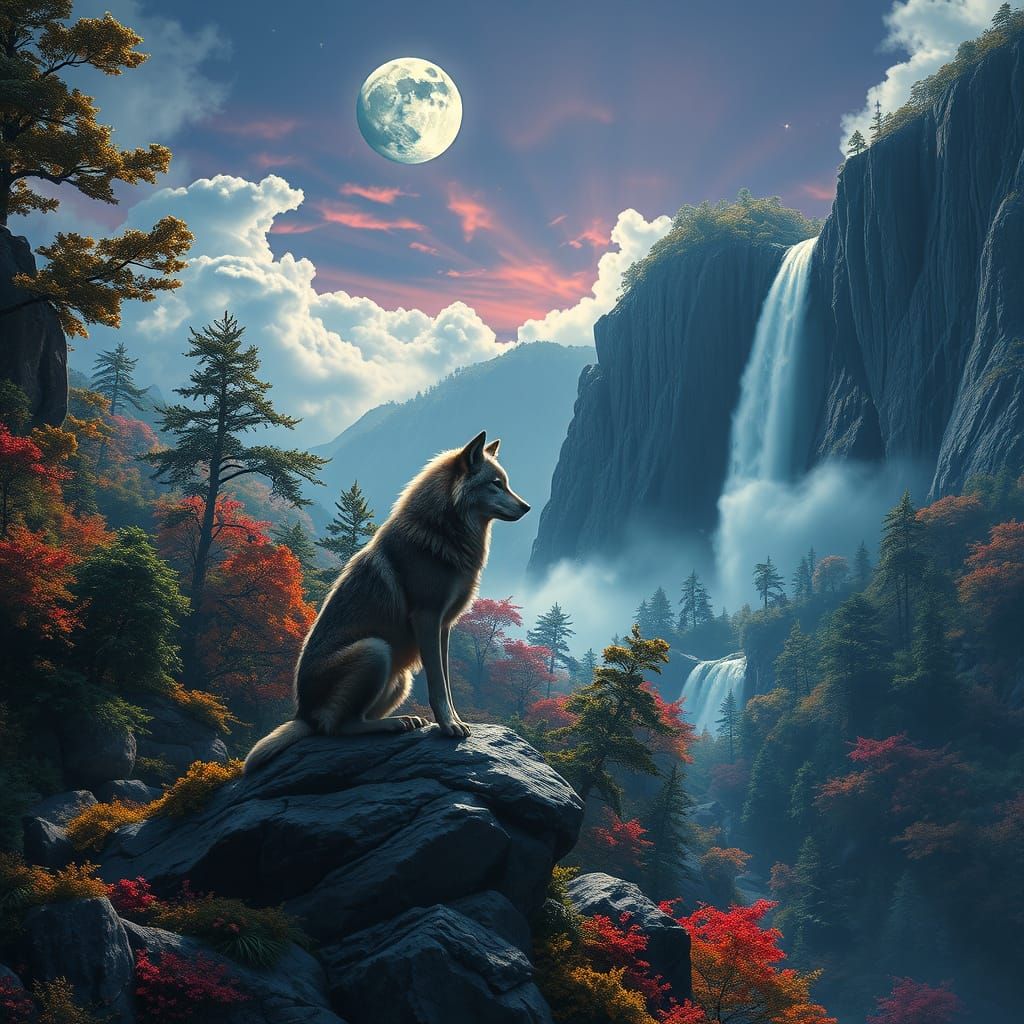 Wolf Contemplates Under Silvery Moonlight in Dreamlike Lands...