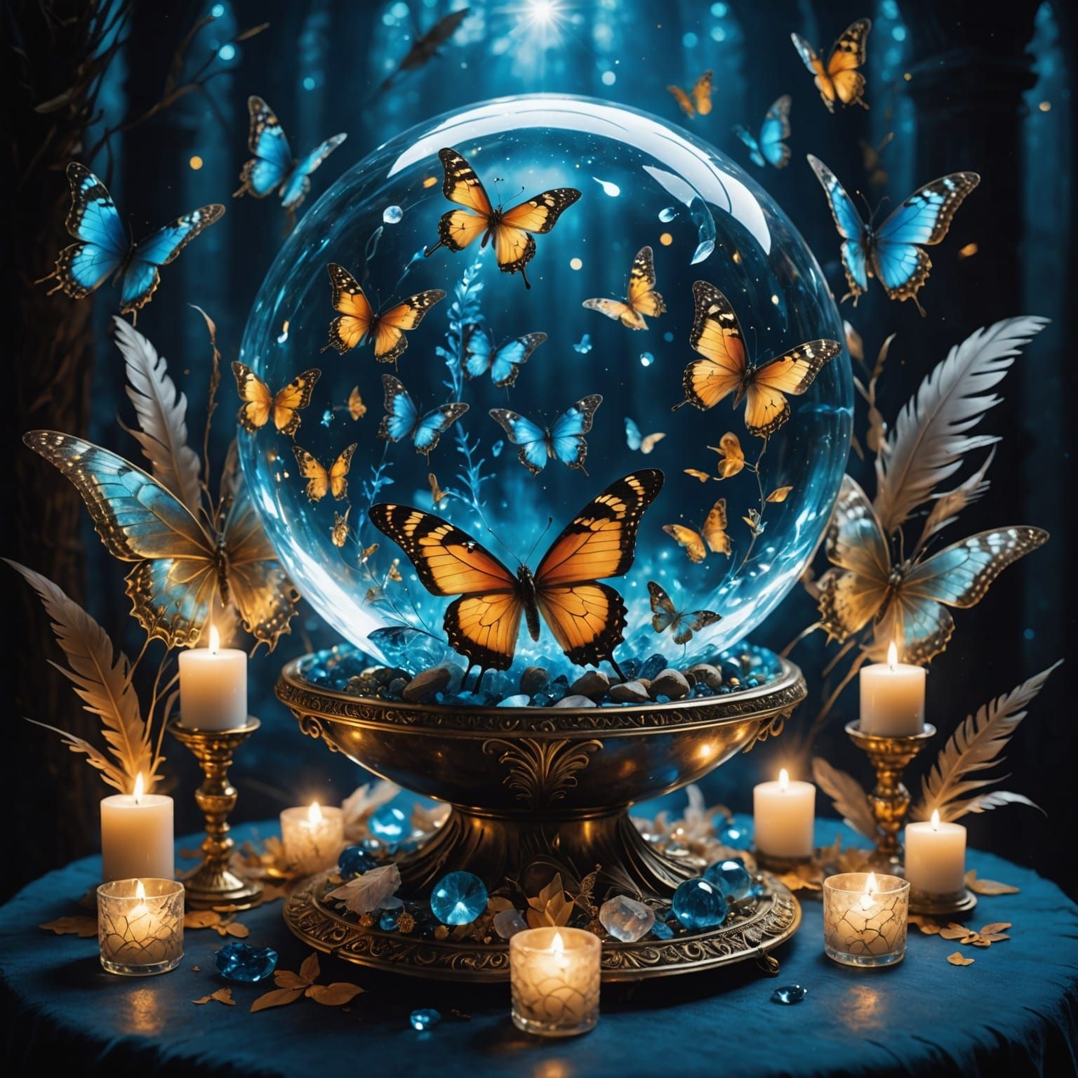 Glowing Orb with Butterflies on Crystal Altar, Dreamlike Mis...