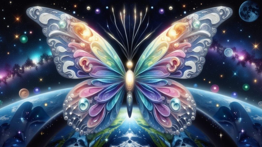 Iridescent Butterfly Emerges from Celestial Vortex