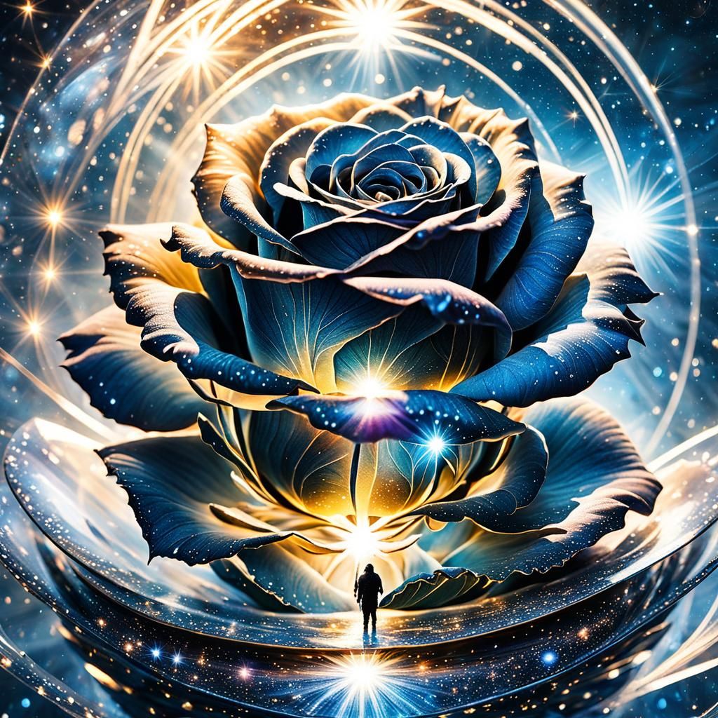 Surreal Black Rose in Cosmic Light Halo