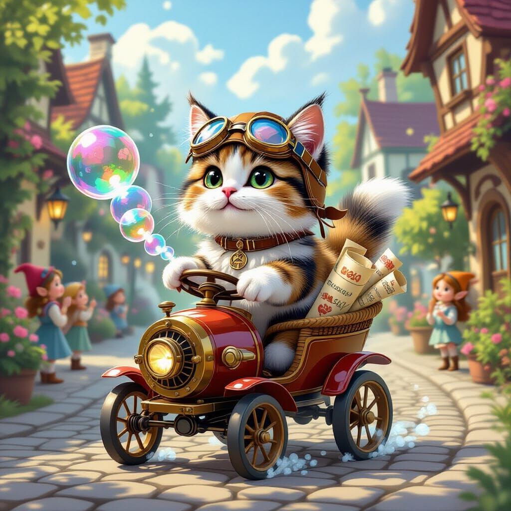 Calico Cat Pilot in Steam-Powered Bubble Mobile