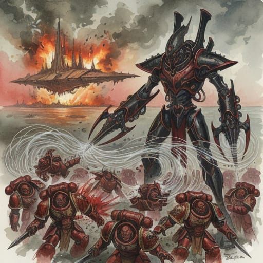 Aeldari Wraithknight Wreaking Havoc in Watercolor Style