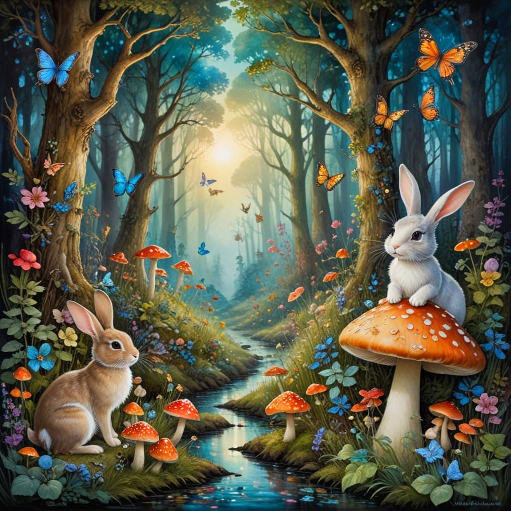 Whimsical Wonderland of Rabbit and Kitten Friends