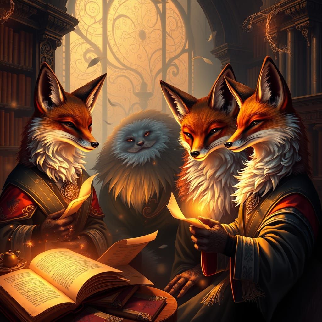 Mystical Foxes Gather in a Vibrant, Ancient Library