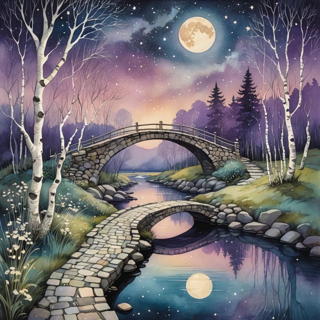 Watercolor Storybook Path to Bridge Illustration