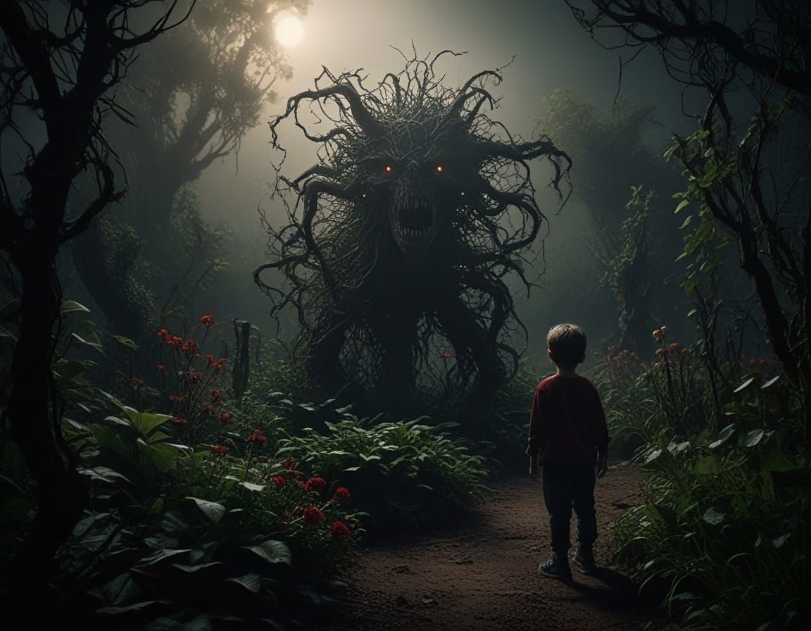 Child Lost in Nightmarish Vine Garden
