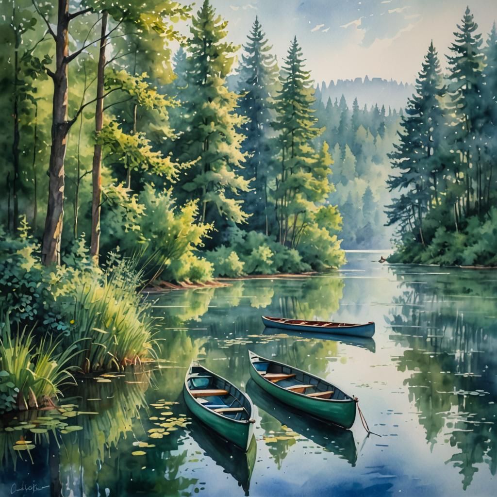 Serene Lake Canoes in Impressionist Watercolor Landscape