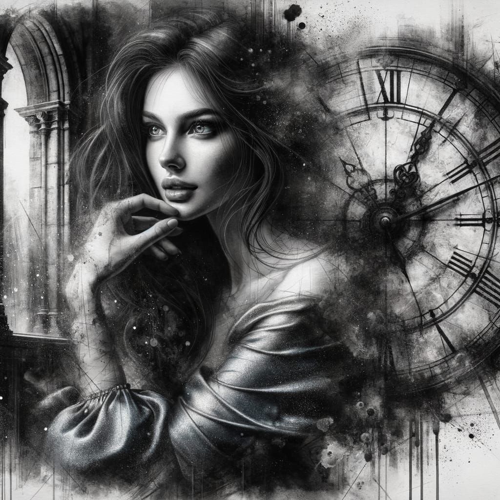 Norse Goddess in Clock Tower Charcoal Sketch