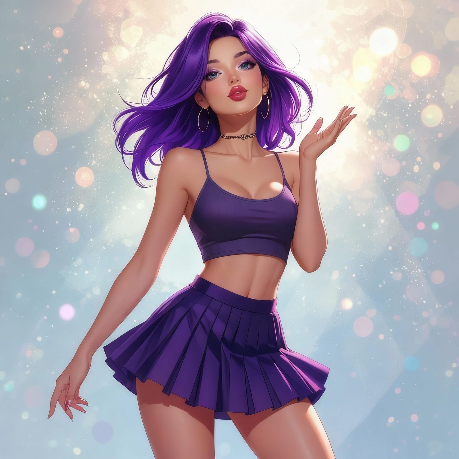 Purple Haired Woman Blowing Kiss in Hyperdetailed Concept Ar...