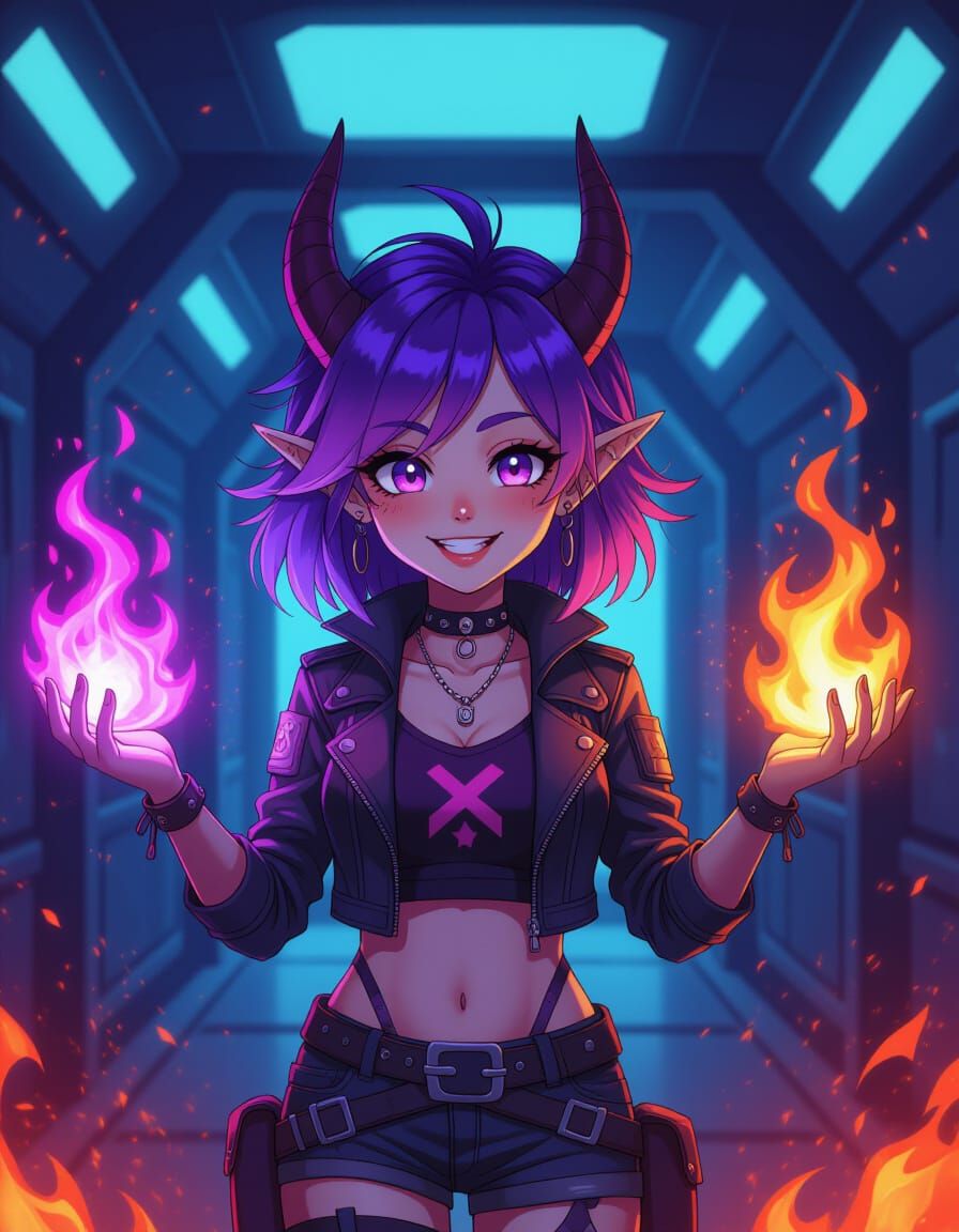 Playful Half-Demon Summons Magic in Starship Hallway