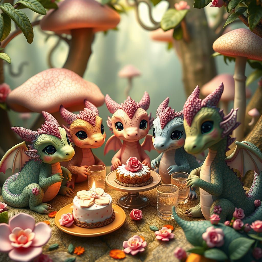 Chibi Dragons Host Tea Party in Mushroom Forest