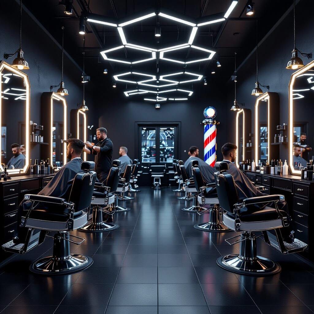 Barbershop Interior with LED Lights and Barber Pole