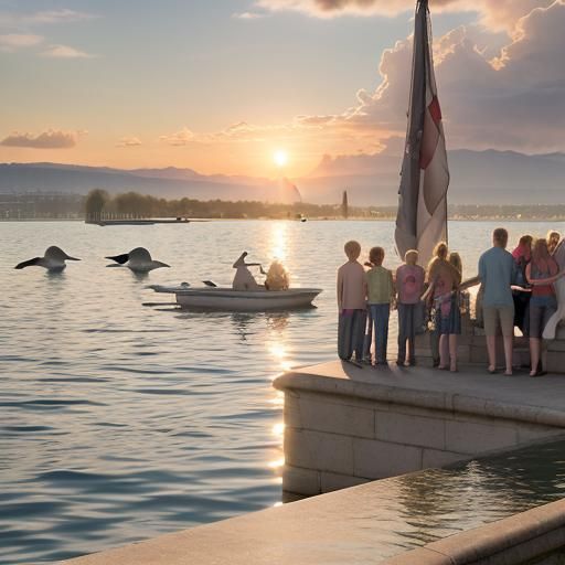 Geneva Harbor Fountain at Sunset, 8K Photo