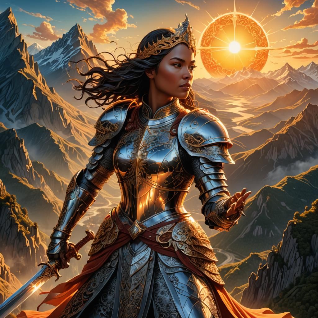 Hyperrealistic Knight Protecting Keep at Sunrise