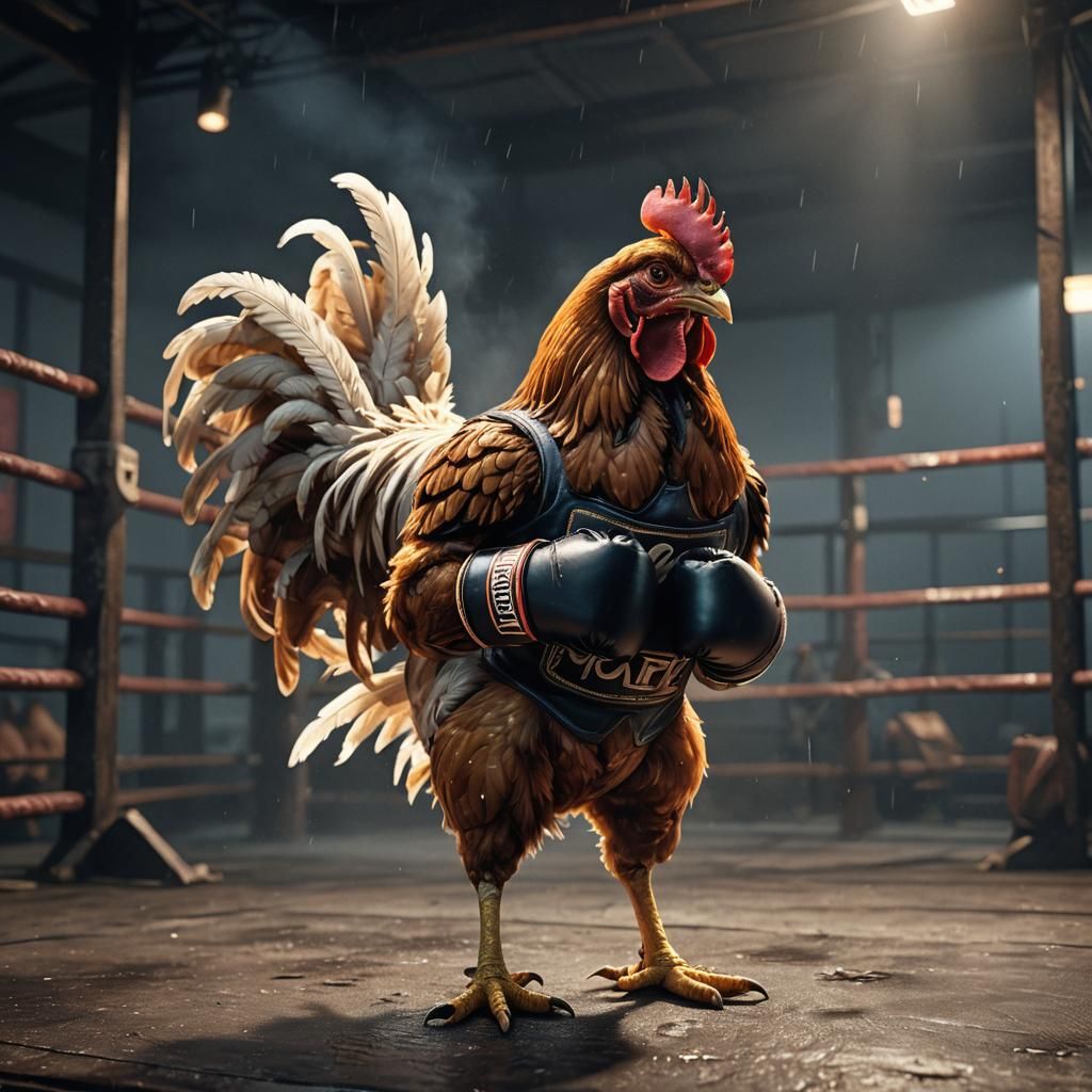 Chicken Boxer in Smoky Ring: Hyper-Realistic Digital Art