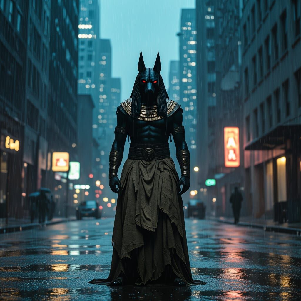 Anubis in Urban Setting with Cinematic Lighting
