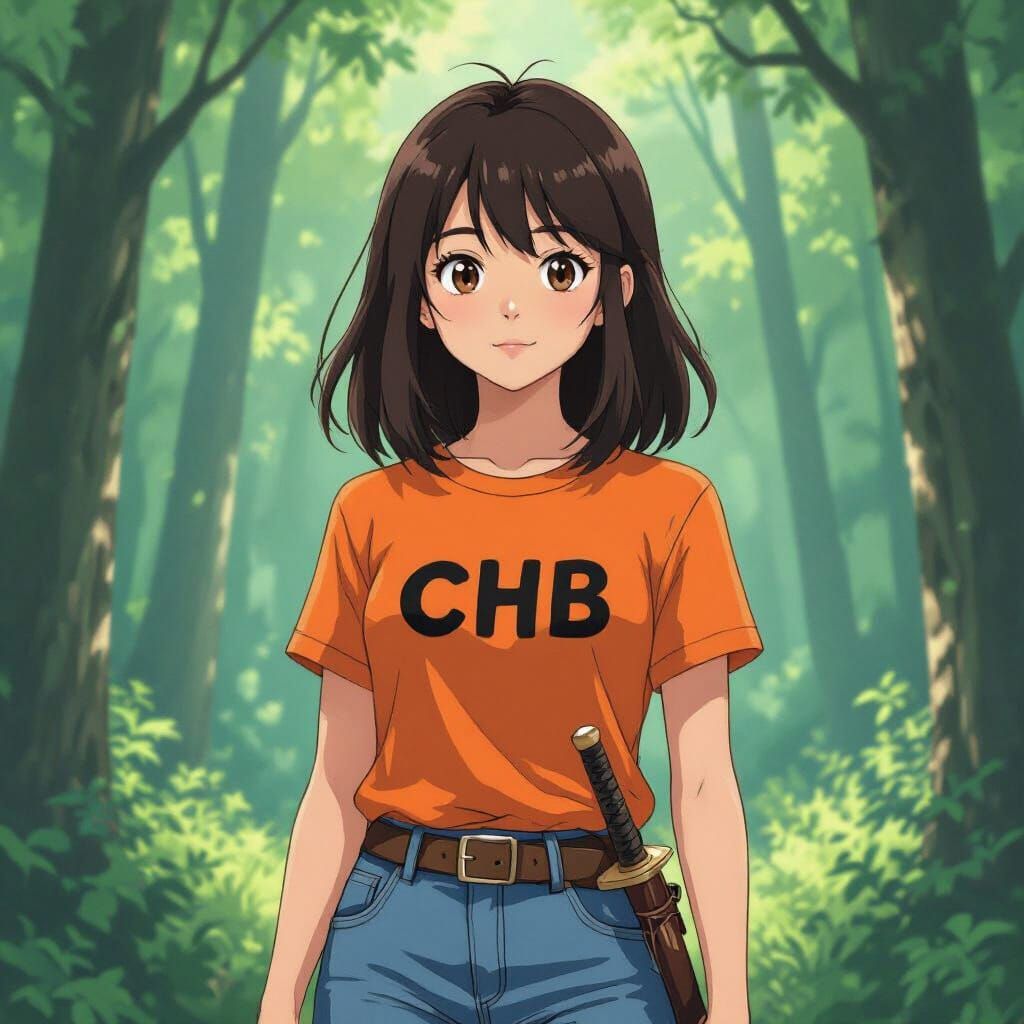 Girl in Forest, Anime Style with Vibrant Colors