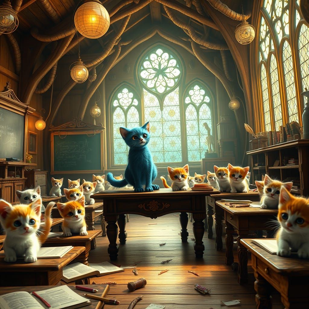 Whimsical Feline Professor Teaches in Enchanted Golden-Lit S...