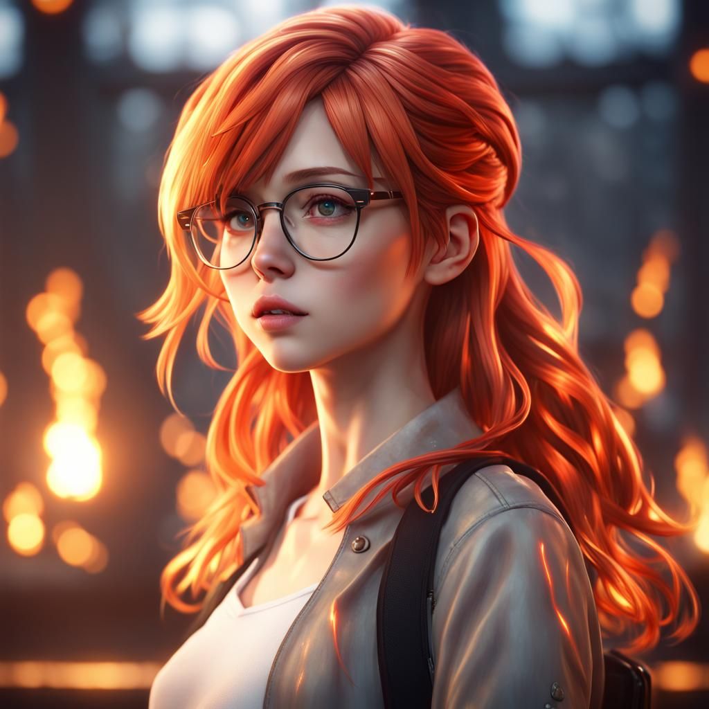 Anime Girl with Fiery Hair in Detailed 3D Render