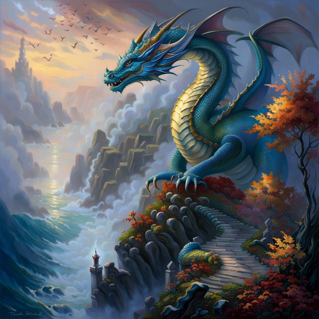 Dragon in Autumn Mist: A Fantasy Landscape