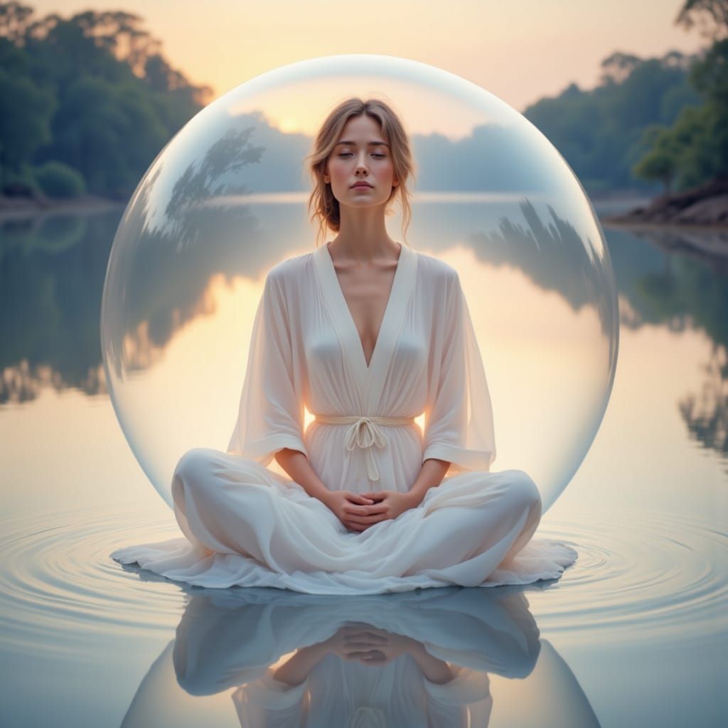 Princess Meditating in Light Bubble Over Reflective Lake at ...