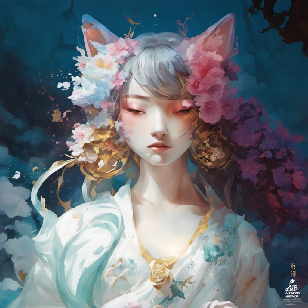 Beautiful Asian Neko Yokai in Mucha Style