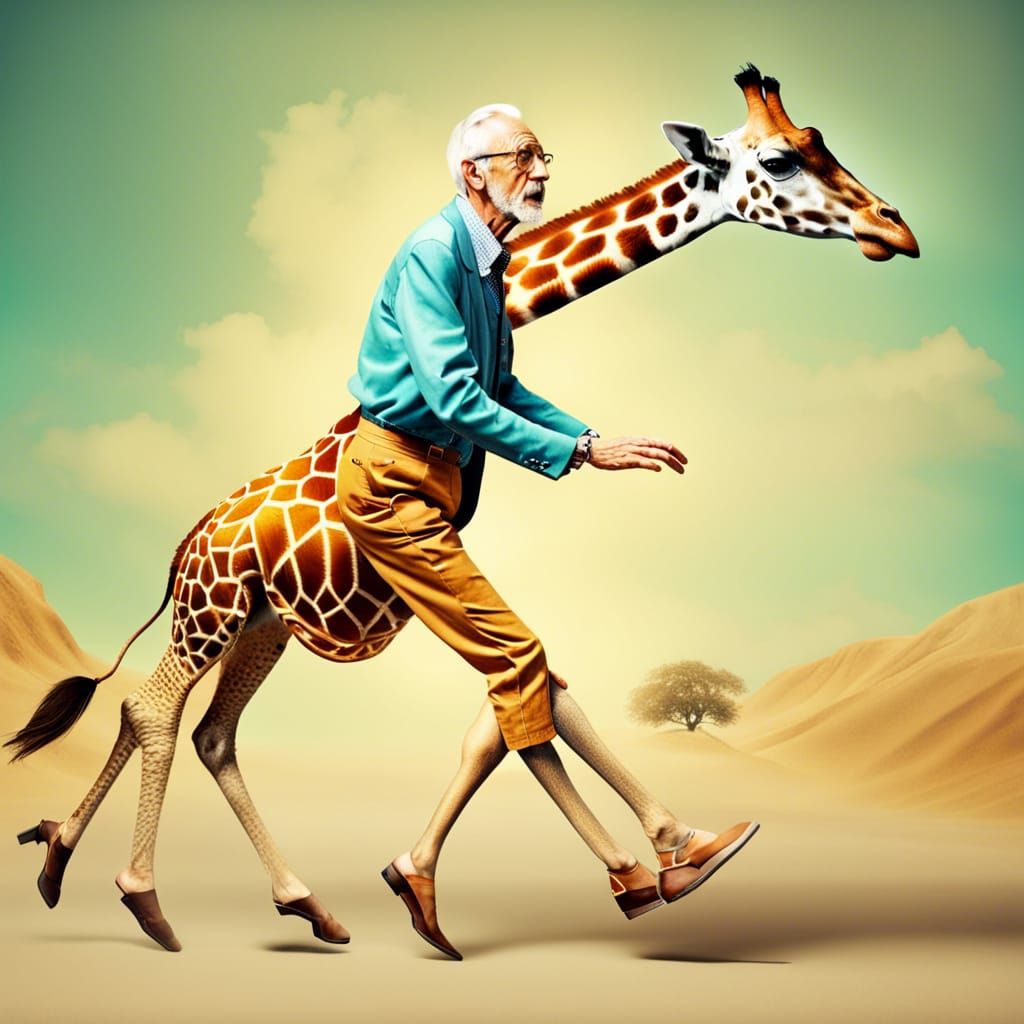 Old Man's Surreal Dance with Giraffe