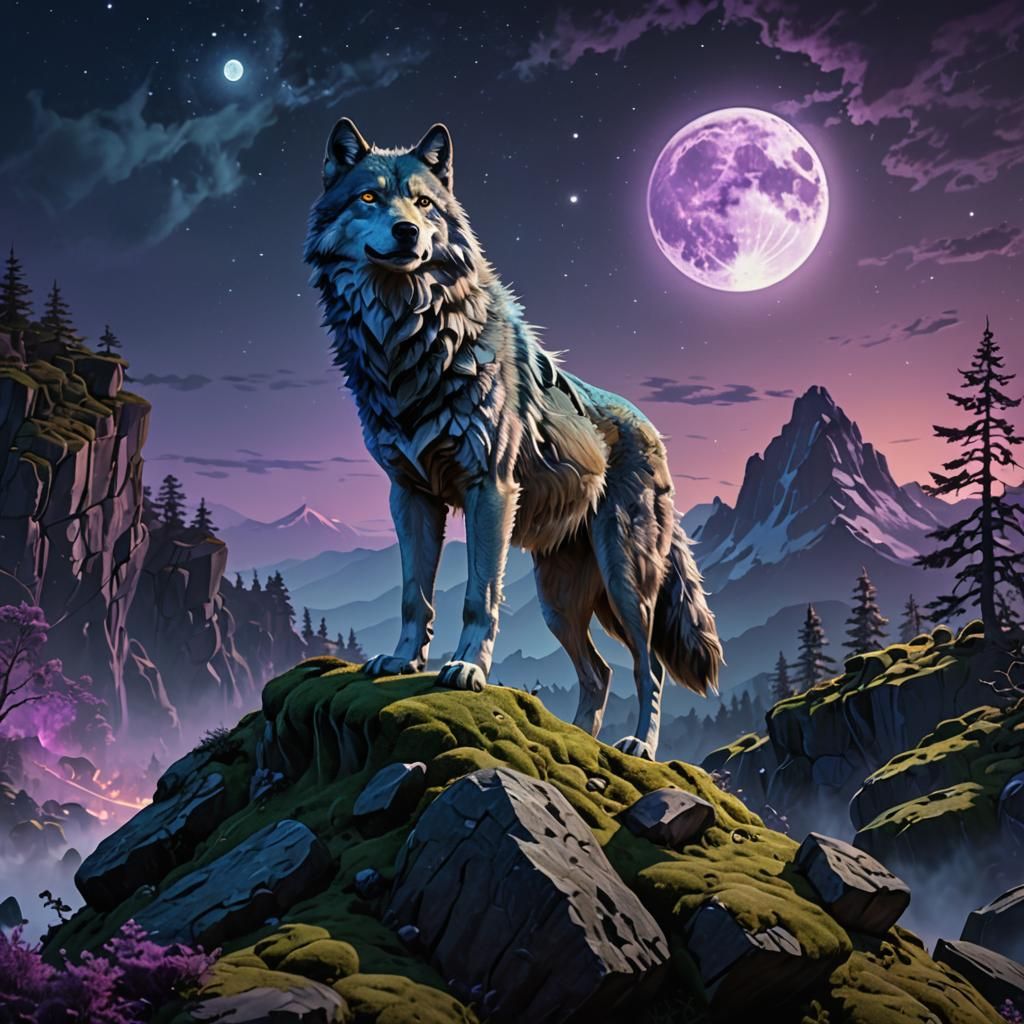 Luminous Alpha Wolf Under Moonlight