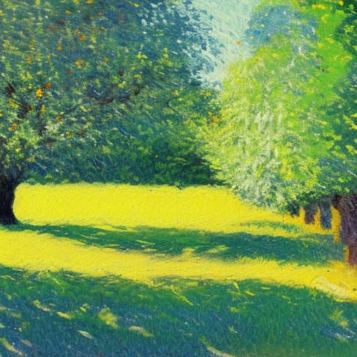 Impressionist Orchard Scene with Fallen Tree