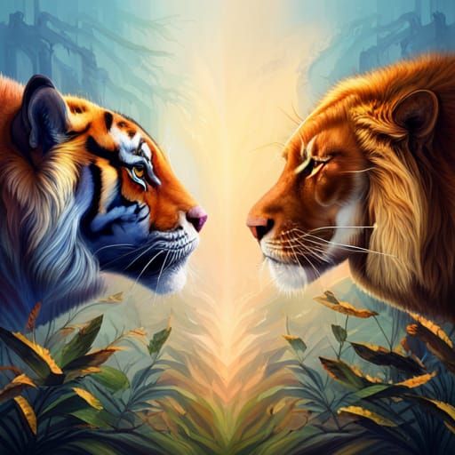 Tiger and Lion Face Off in Hyperrealistic Splash Art