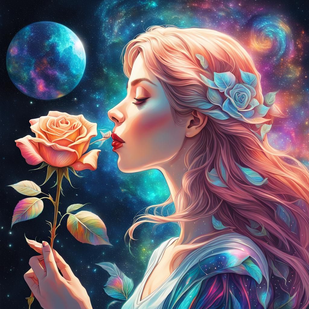 Girl Smelling Rose in Holographic Astral Style