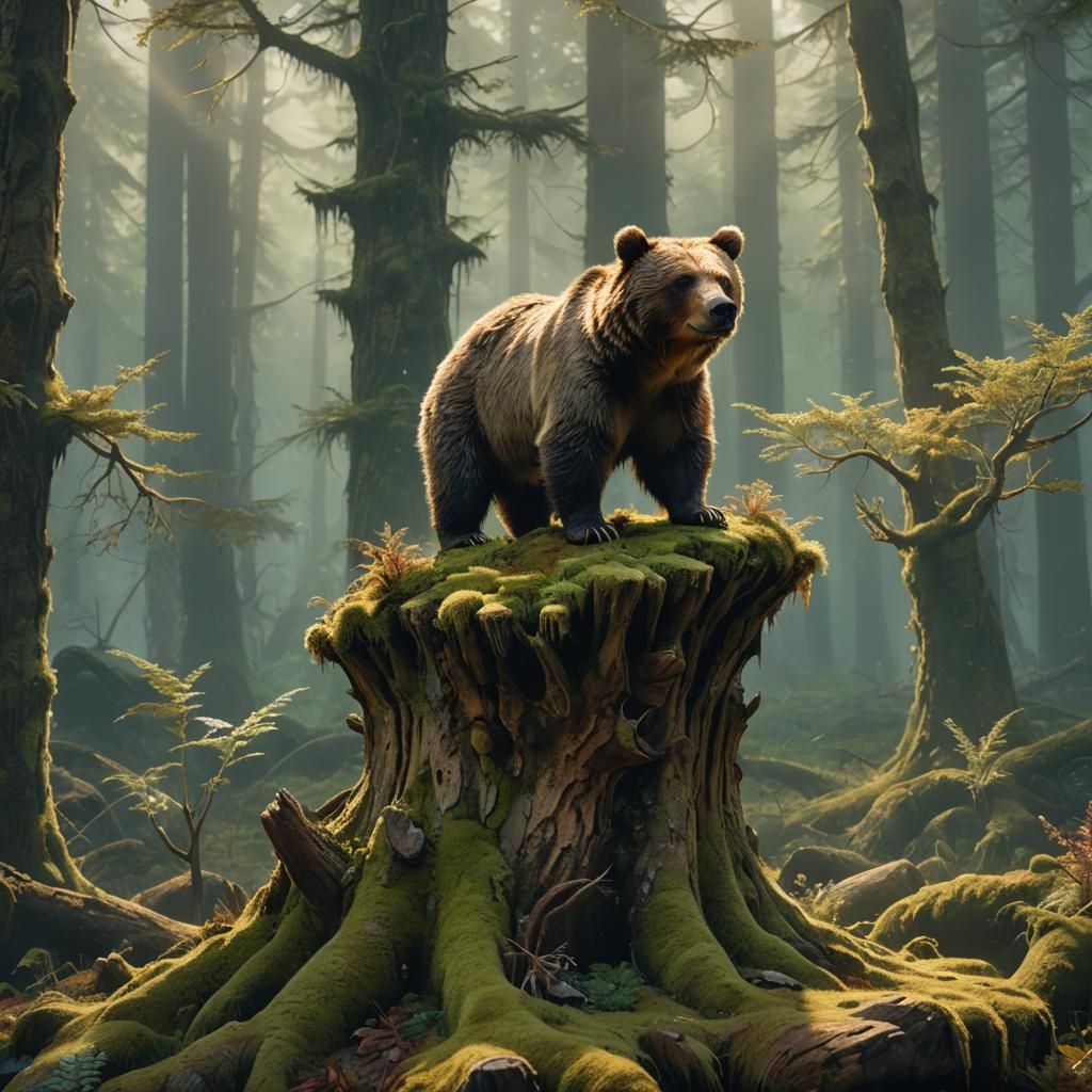 Miniature Grizzly Bear in Misty Forest, Matte Painting