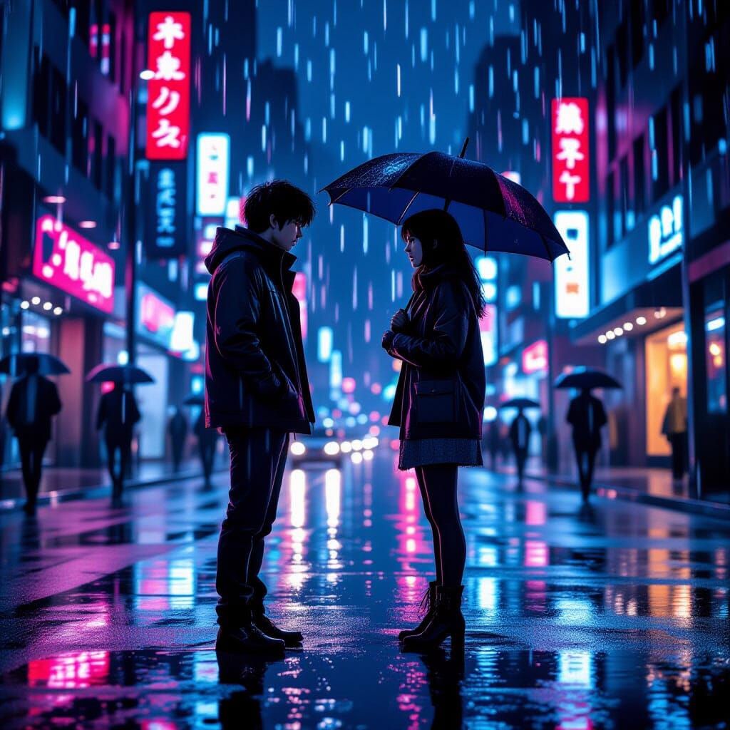 Passionate Argument in Neon-Lit Rainy Cityscape
