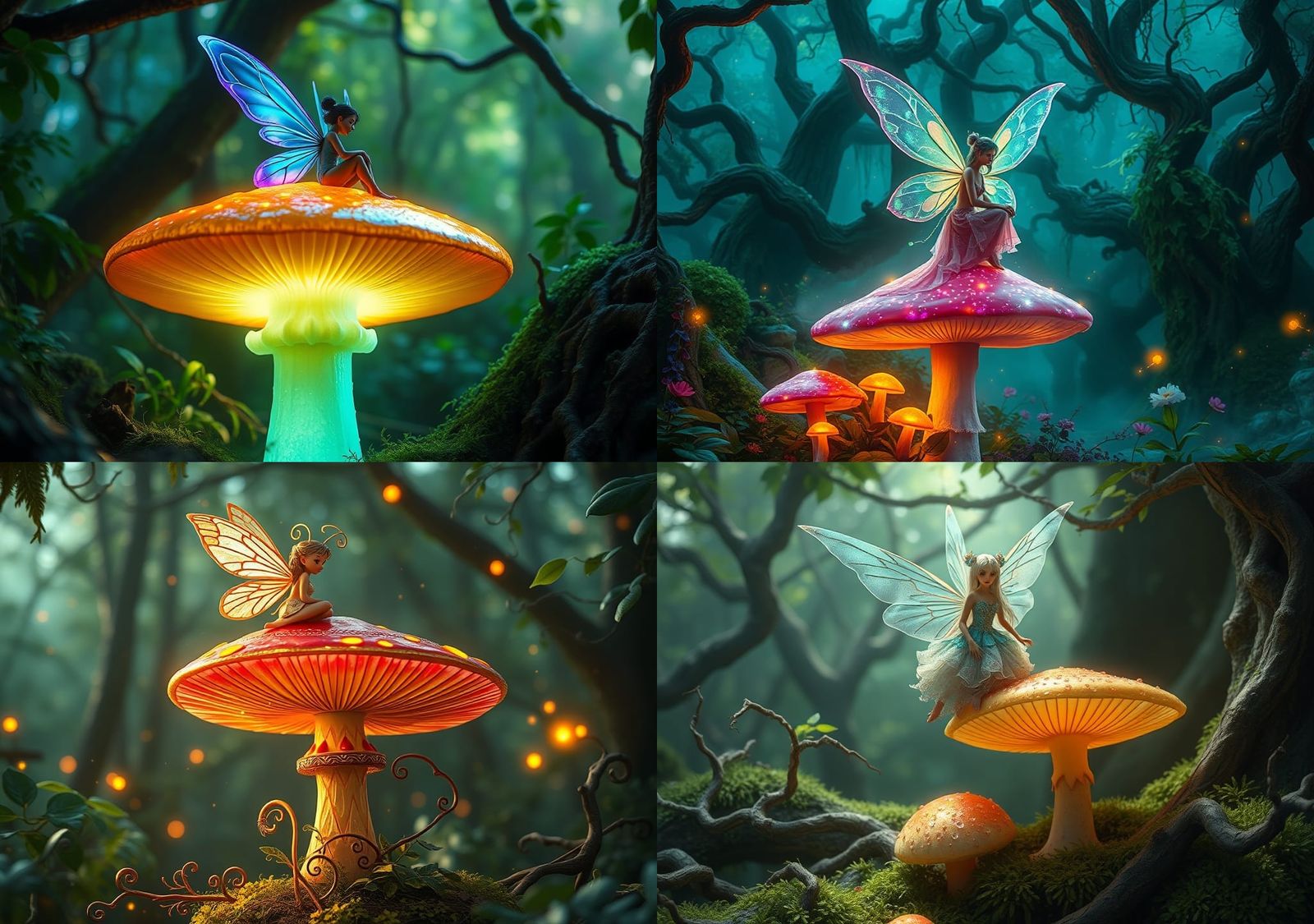 Fairy on Magic Mushroom in Fantasy Forest
