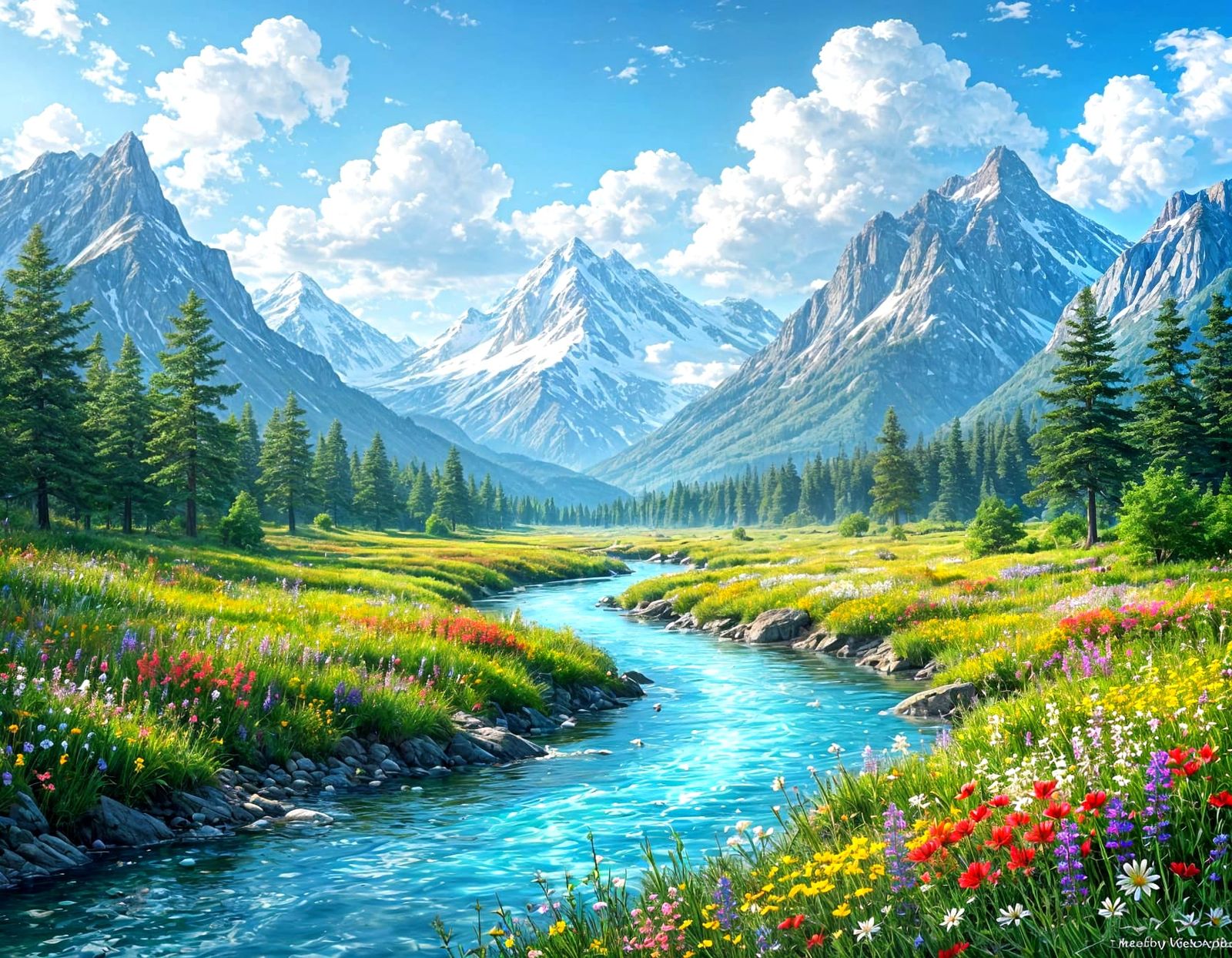 Magical Fantasy Landscape River and Mountains