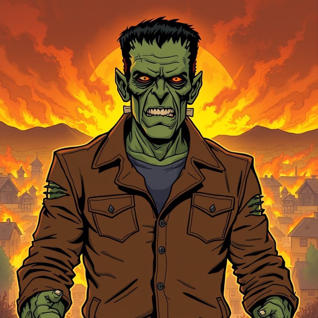 Frankenstein's Monster Silhouetted Against Burning Town