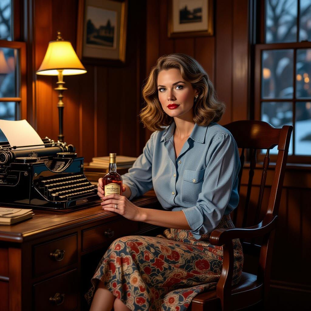 Nostalgic Woman in 1940s Office, Film Noir Style