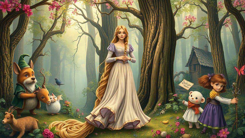 Rapunzel and Fairy Tale Characters in Whimsical Forest