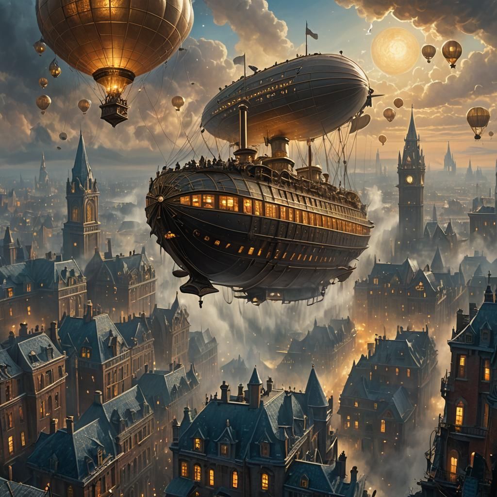 Titanic Airship over Gothic Cityscape