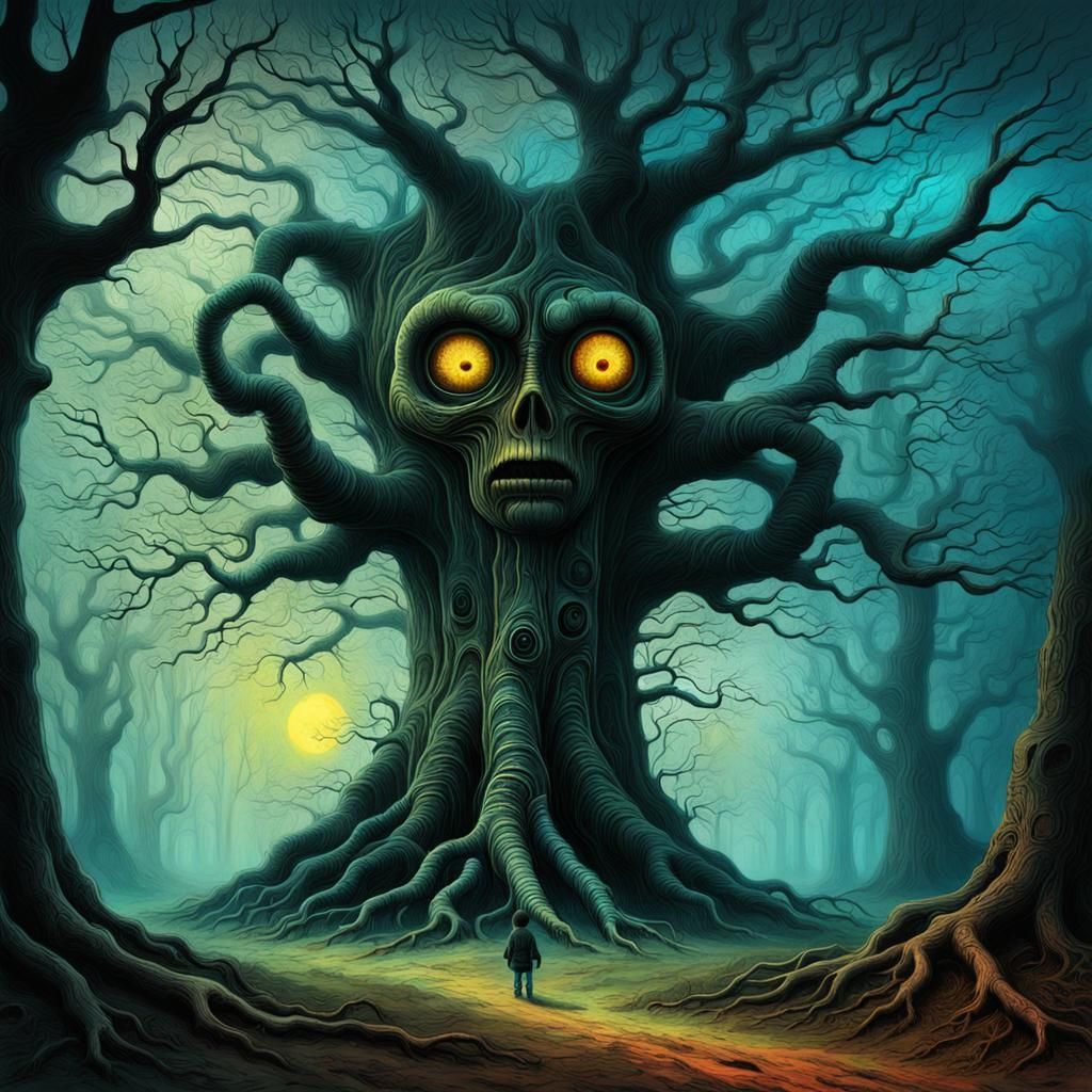 Eerie Tree Chasing Child in Surreal Digital Painting