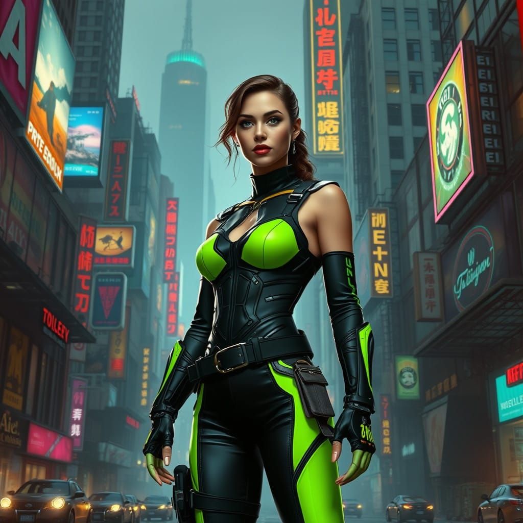 Cyberpunk Woman in Neon-Lit City Streets